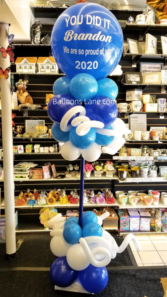 "You Did It" Customized Blue Balloon with White Twisted Balloon Column in NJ