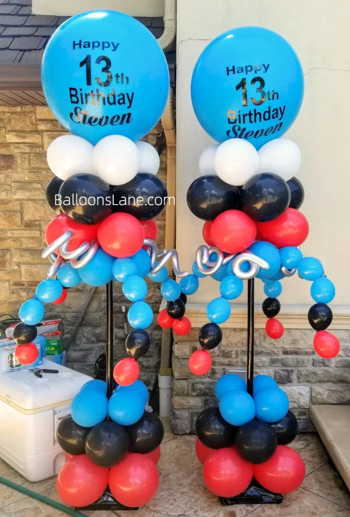 Happy 13th Birthday Balloon Column with White, Black, and Red Latex Balloons in Brooklyn