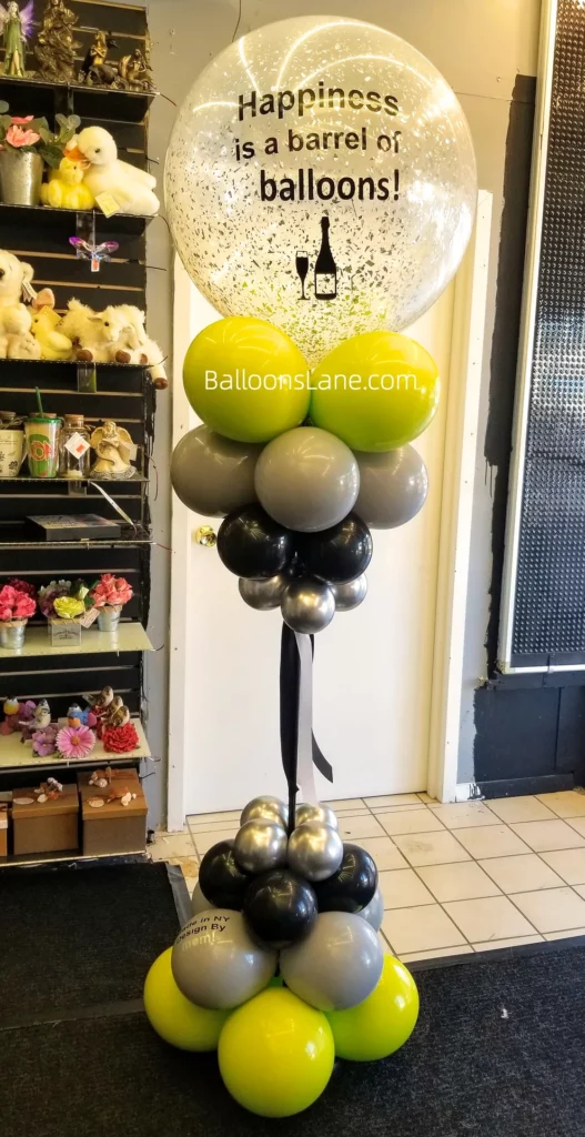 Happiness is a Barrel of Balloons" Customized Confetti Balloon Bouquet with Mint Green, Grey, Silver, and Black Balloons in Brooklyn