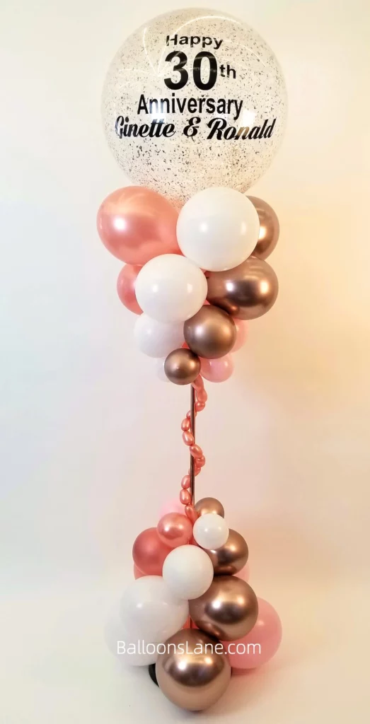 Happy Anniversary Customized Balloon Stand with Peach, White, and Gold Balloons, Along with Customized Confetti Balloons by Balloons Lane in Brooklyn, New York and NJ