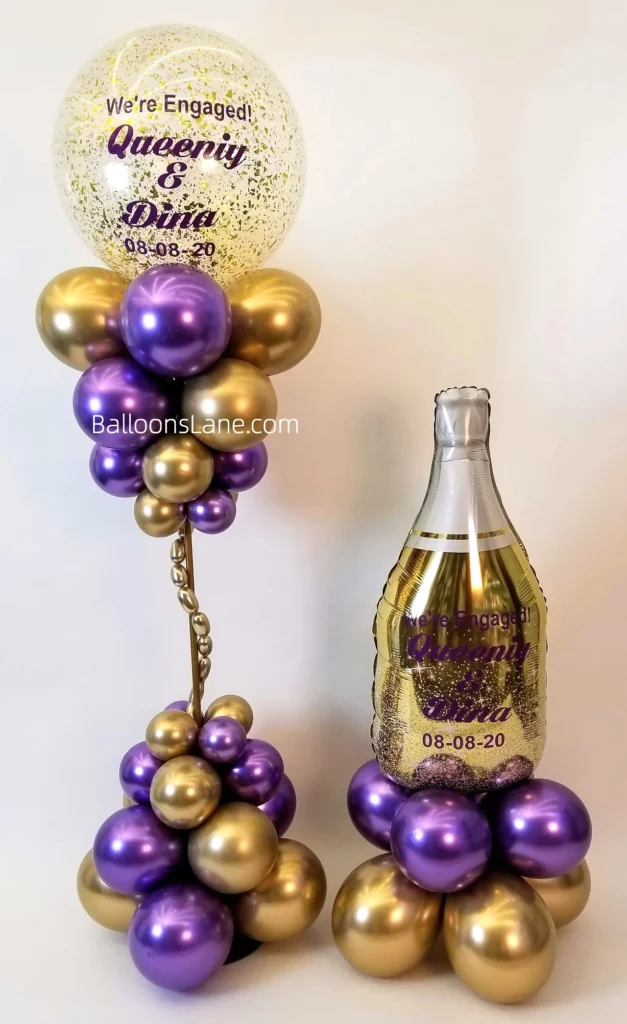 Custom Champion Bottle Balloon with Purple and Gold Latex Balloons for Celebrating Engagement in NJ, Along with Confetti Balloon, Gold and Purple Multi-size Balloon Stand, and Rose for Celebrating Engagement in Manhattan