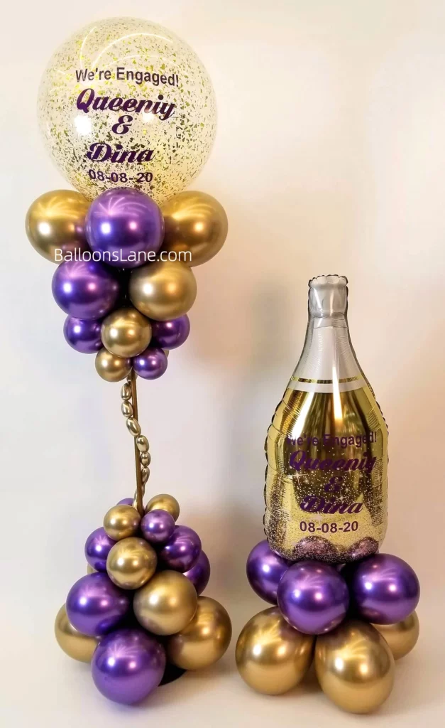 Custom Champion Bottle Balloon with Purple and Gold Latex Balloons for Celebrating Engagement in NJ, Along with Confetti Balloon, Gold and Purple Multi-size Balloon Stand, and Rose for Celebrating Engagement in Manhattan