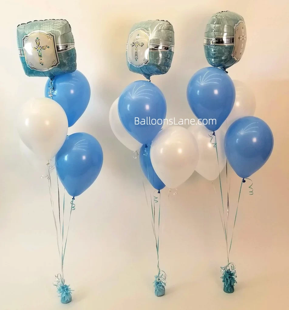Balloon bouquets for Christening featured white, Caribbean blue, and navy balloons with a big cross Mylar balloon in Staten Island.