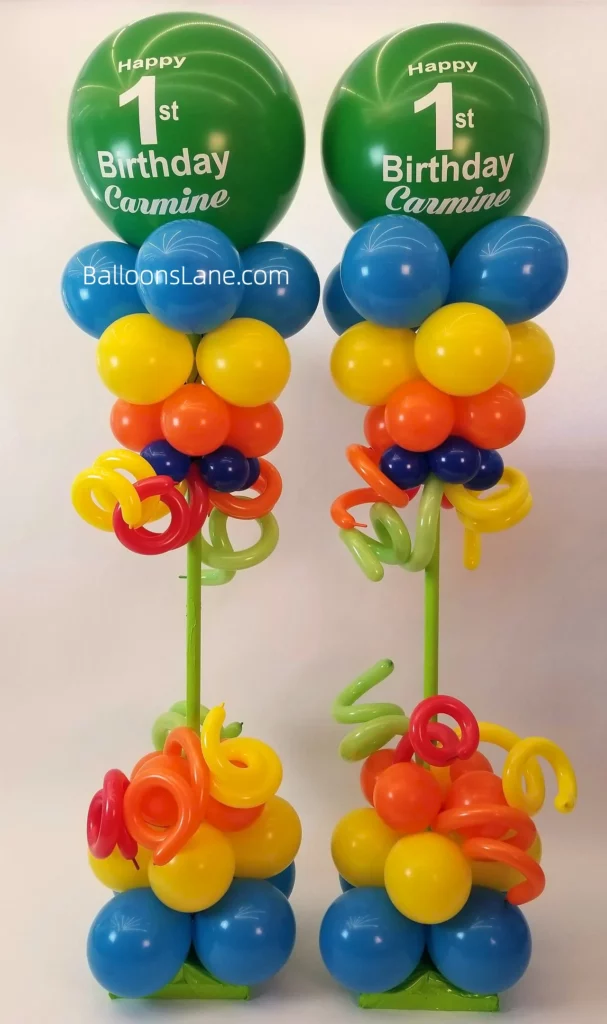 Large Green Customized Birthday Balloon atop Multicolor Balloon Column with Twisted Balloons in Brooklyn