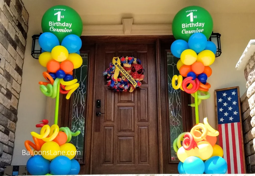 Large Green Customized Birthday Balloon atop Multicolor Balloon Column with Twisted Balloons in Brooklyn