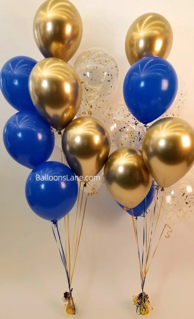 Gold confetti, chrome gold, and blue balloon bouquet to celebrate a birthday in Manhattan.