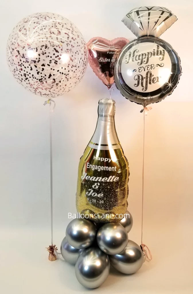 Champion Bottle Balloon, Confetti Balloon, Foil Ring Balloon, Rose Gold Heart Balloon, and Silver Latex Balloon for Celebrating Engagement in Manhattan