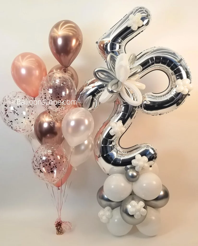 25 silver foil number balloons with silver and white flower balloons, white and silver latex balloon, along with rose gold shapes balloon bouquet with confetti balloon to celebrate 25th birthday in NJ.