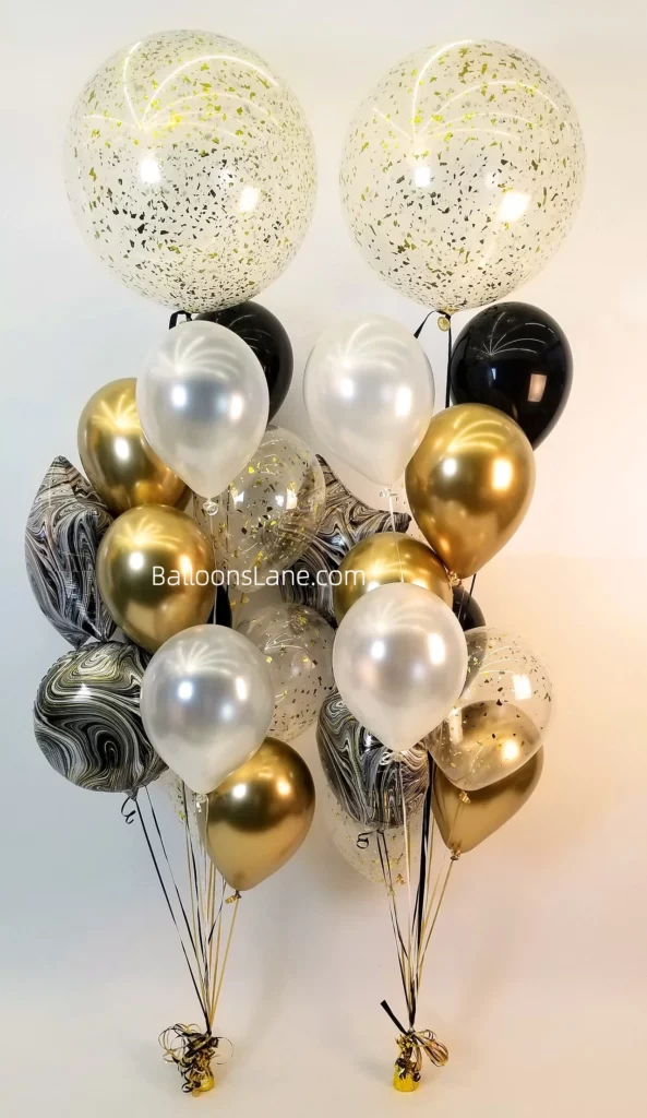Stylish Feather Clear Balloon Bouquet with Gold, White, Black, and Silver Confetti Accents in Brooklyn