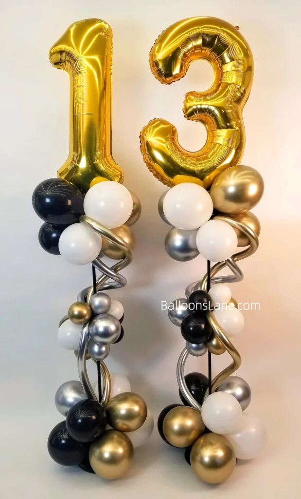 Number 13 foil balloons surrounded by black, white, gold, and matching colored twisted balloons in Brooklyn to celebrate a 13th birthday/anniversary in NJ.