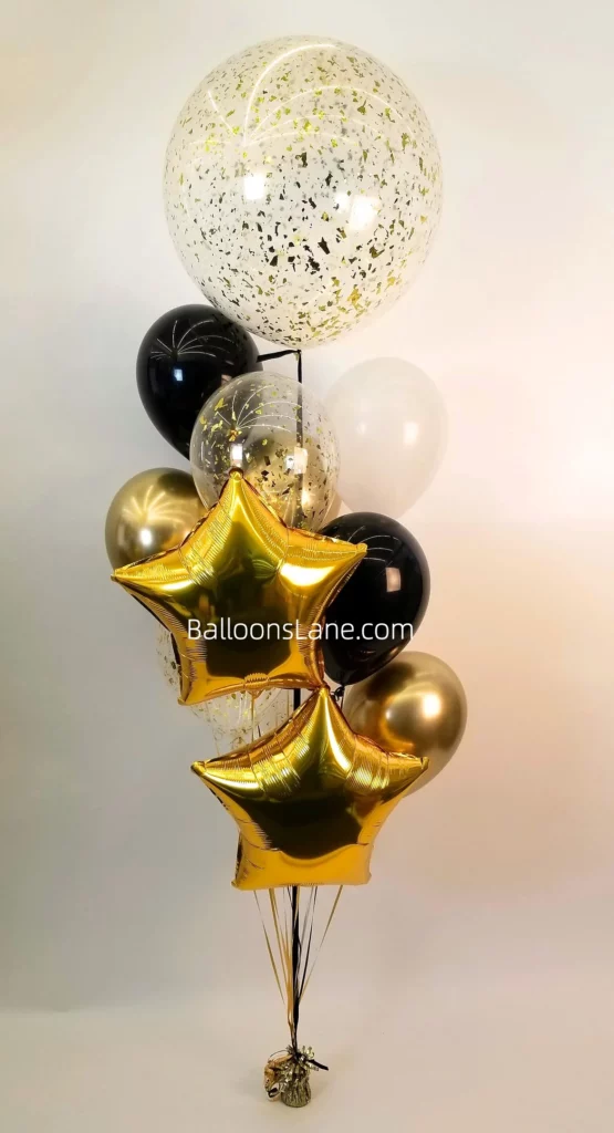 Chic Feather Clear Balloon Bouquet with Gold, White, Black, and Silver Confetti Accents in Brooklyn