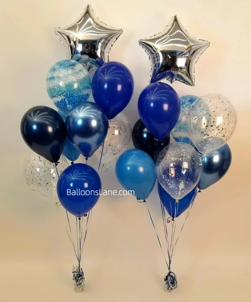 Balloon bouquets accompanied by silver star balloons, blue textured balloons, blue latex balloons, and confetti balloon, celebrating in Brooklyn.