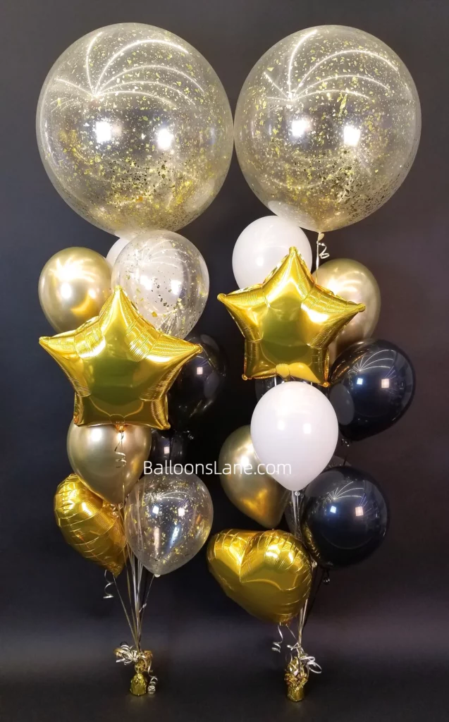 Stylish confetti clear balloon bouquet featuring gold, white, black, and silver confetti accents, arranged in Brooklyn.