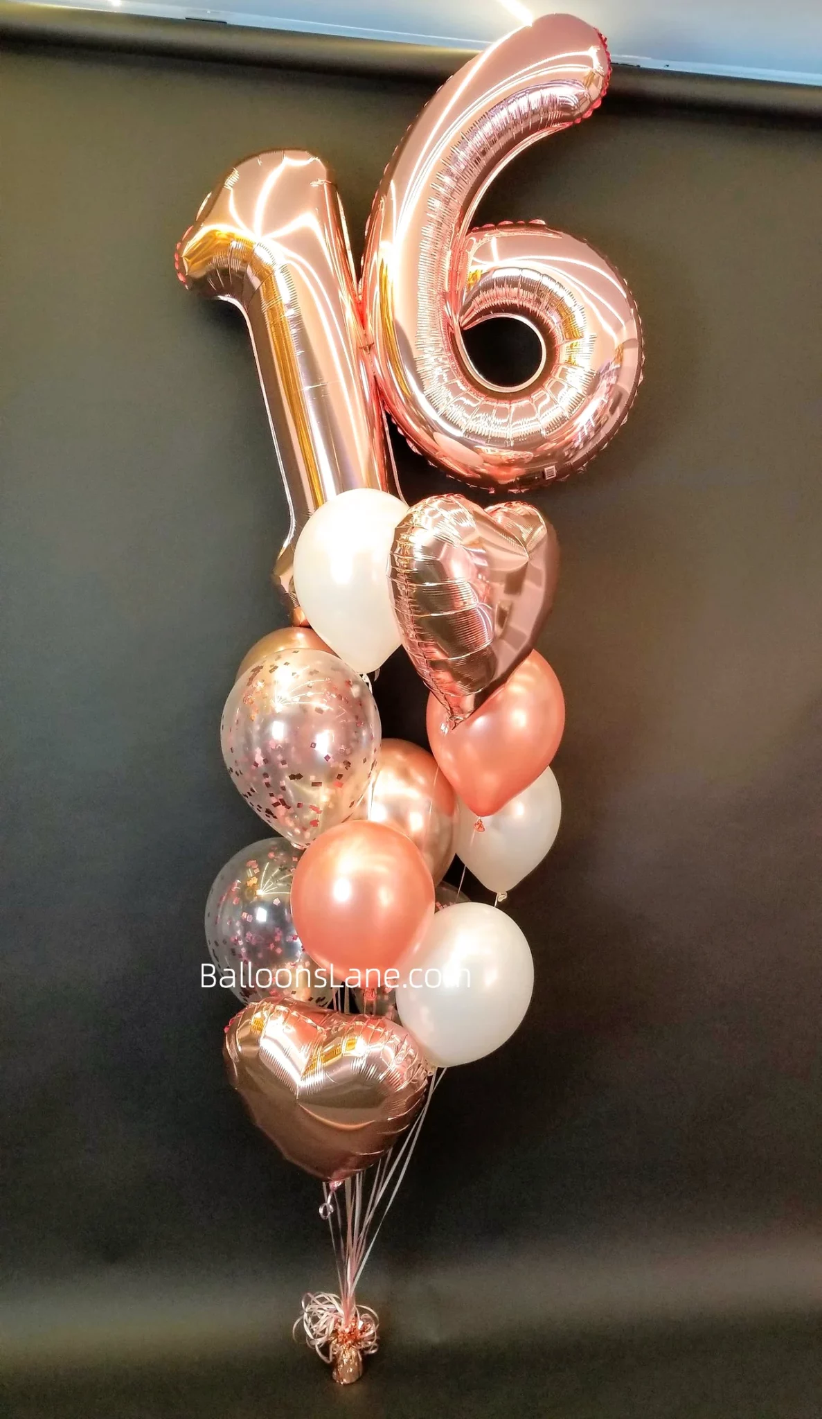 Rose Gold Number 1 & 6 Balloon Bouquet with Heart-Shaped Balloons and White Balloons in Brooklyn