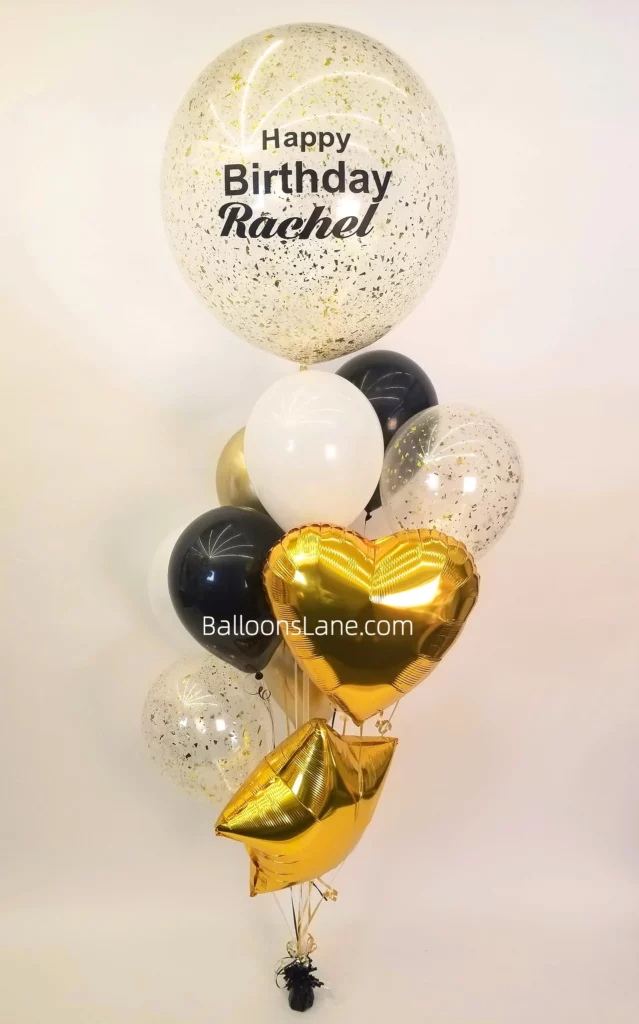 Birthday feather balloons accompanied by confetti, gold, white, and black balloons, along with customized birthday balloons, in Brooklyn.