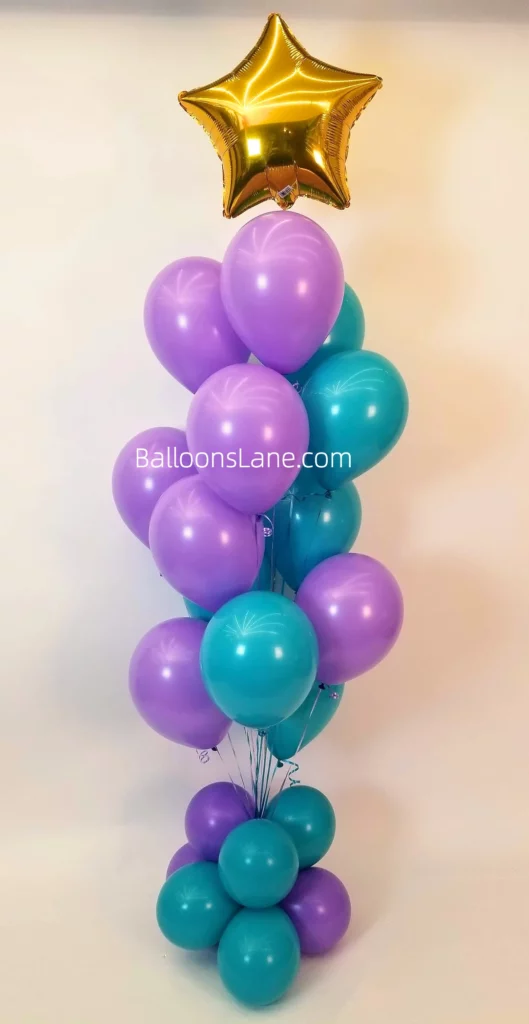 Sea Green and Lavender Balloon Bouquet with Gold Star Foil Balloon for Birthday or Engagement Celebration