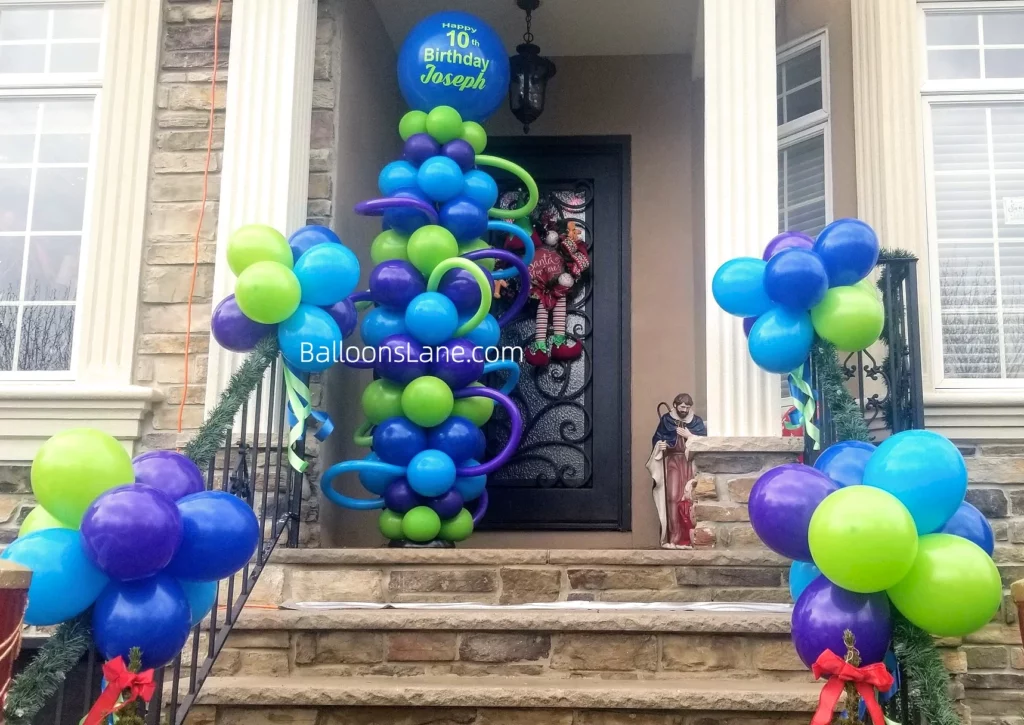 Happy Birthday Themed Balloon Decor in Green, Blue Latex, and Twisted Balloons in Brooklyn