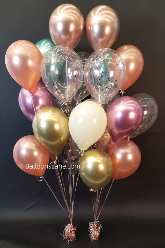 Rose pink, chrome pink, confetti gold, and green balloon bouquet in Brooklyn to celebrate a birthday party.