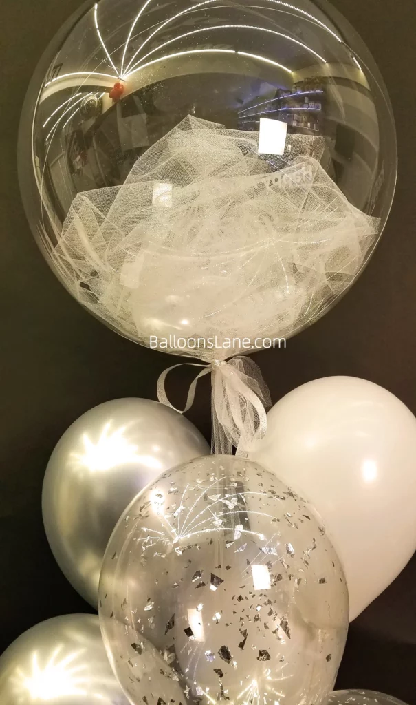Elegant Clear Feather Balloon Bouquet with White Confetti Balloon and Silver Latex Balloon for Engagements, Birthdays, and Graduations in NYC