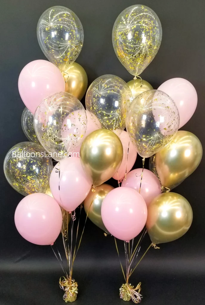 Pink chrome gold and confetti gold balloon bouquet in Brooklyn to celebrate a birthday party.