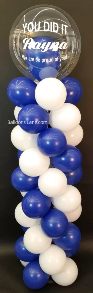 "You Did It" Customized Bubble Balloon with Blue and White Balloon Column in NJ