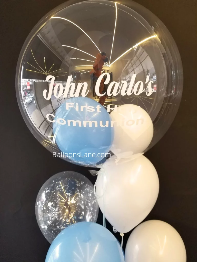 First Holy Communion bubble balloon with confetti balloon, white, and blue balloons in Brooklyn