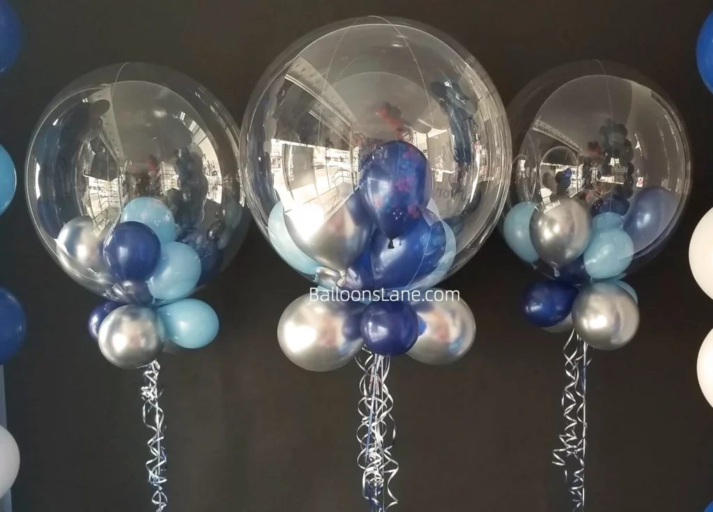 First Communion personalized balloon bouquet featured blue, navy blue, and silver latex balloons in NJ.