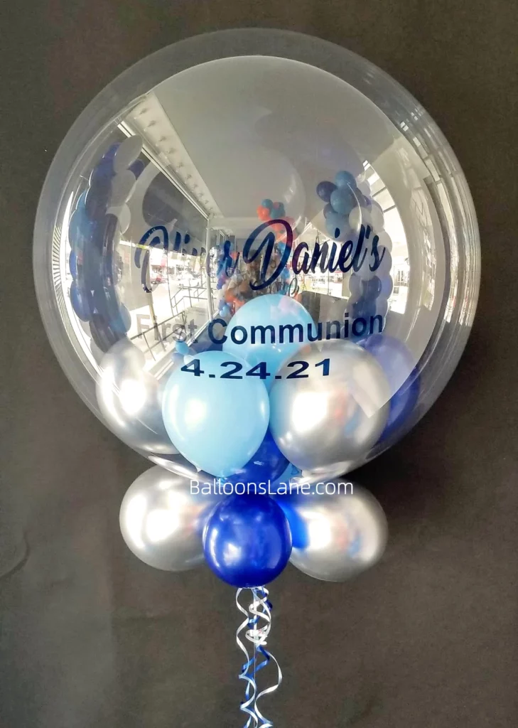 Bubble Balloon Communion personalized balloon with blue and silver small balloons in Brooklyn