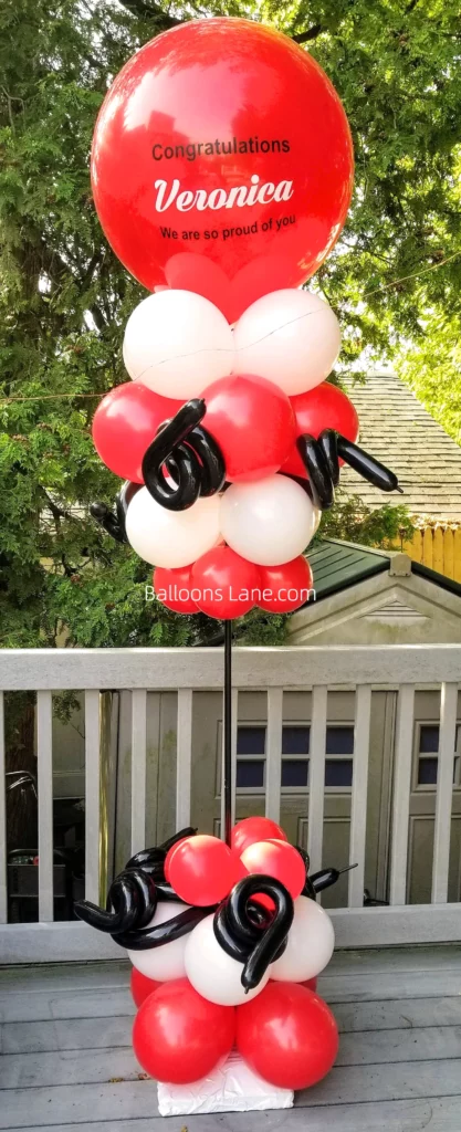 *Congratulations: Customized Balloon with Red and White Balloon Column, Accented with Black Twisted Balloons to Celebrate Graduation in NJ