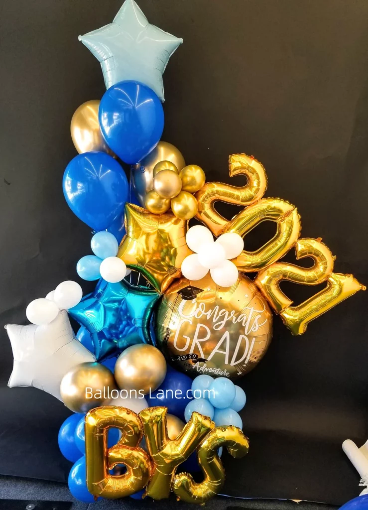 2021 Gold Foil Number Balloon with Graduation Congratulations Customized Balloon, Star Foil Balloons (Blue and White), and White Flower Balloon in Staten Island