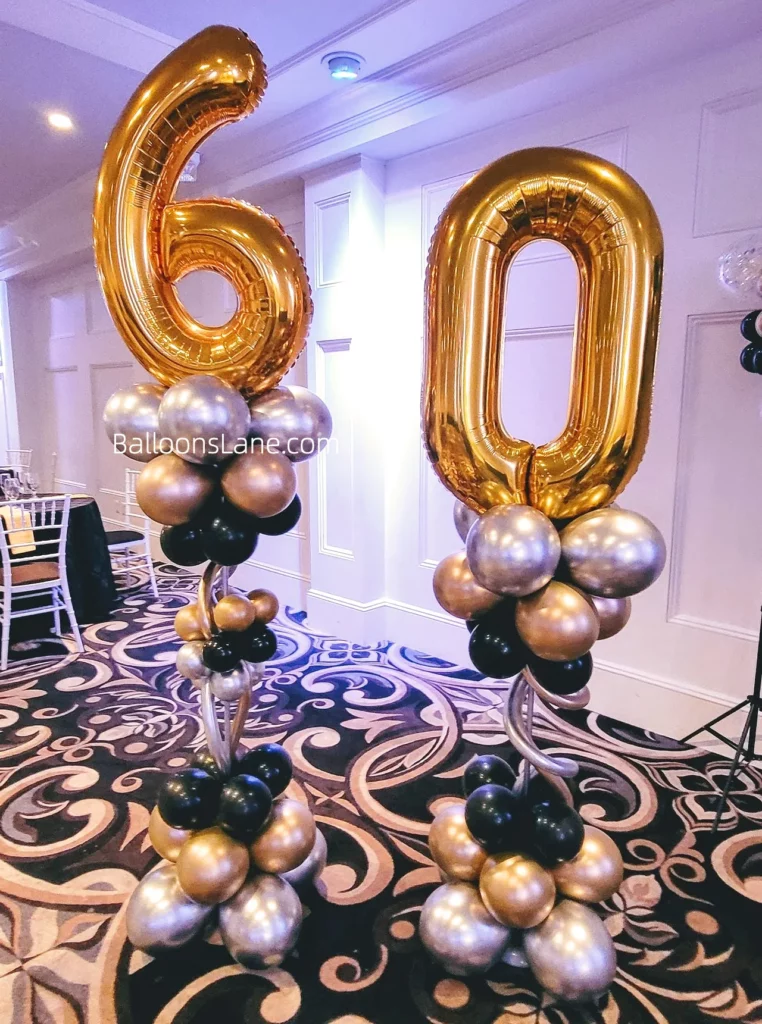 Gold 60 Number Balloon with gold, silver, and black balloon bouquet to celebrate 60th birthday in NJ