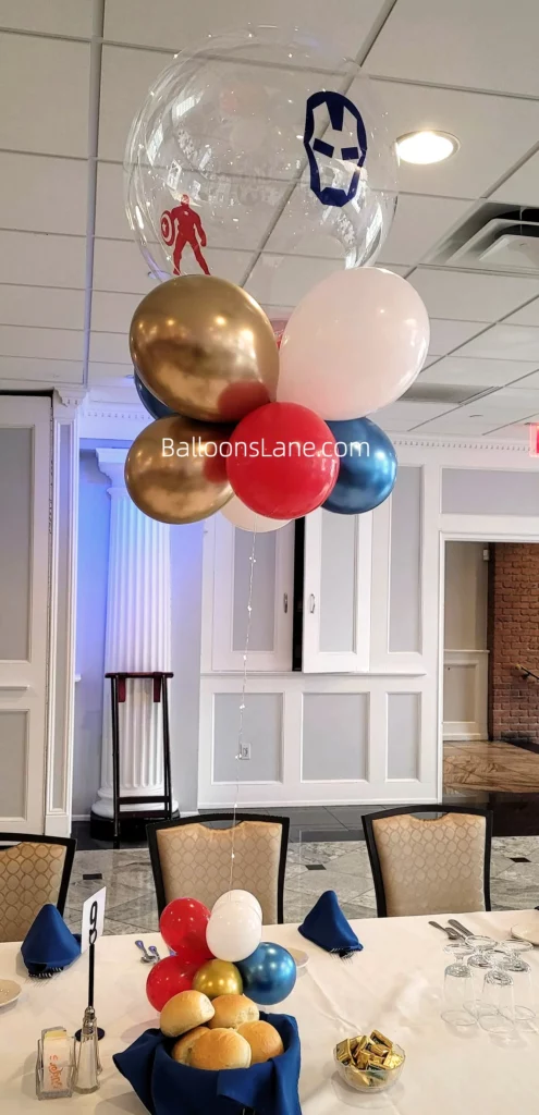 Clear character-themed balloons with pink, red, blue, and gold balloon ceilings along with string in NYC