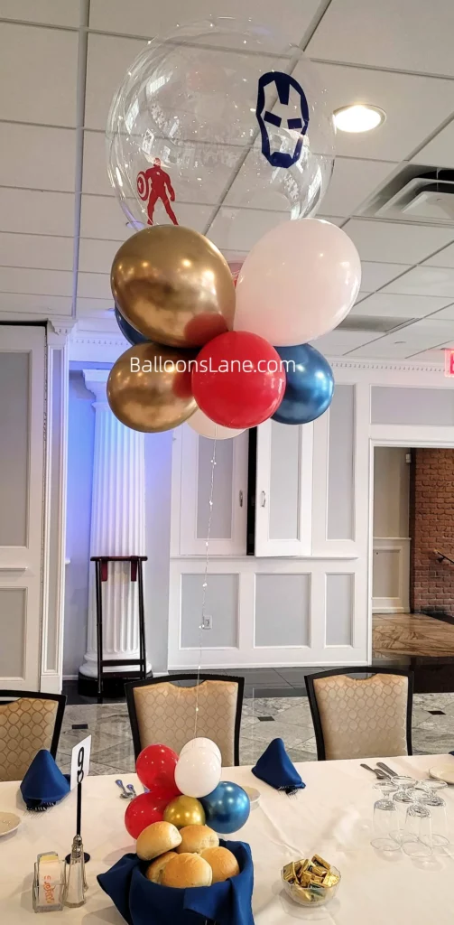 Character customized balloon bouquets with gold, white, red, and blue balloons in Brooklyn.