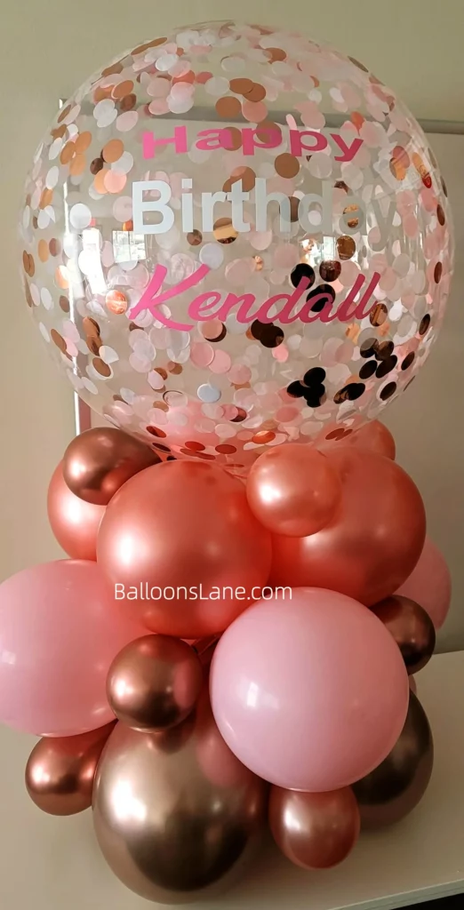 Happy Birthday personalized confetti balloons with rose gold, pink, and gold balloon bouquets to celebrate birthdays in NJ