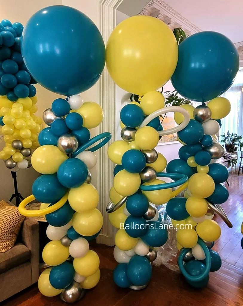 Yellow and Blue Balloon Column with Silver Accents for Birthday and Engagement Celebration in Staten Island