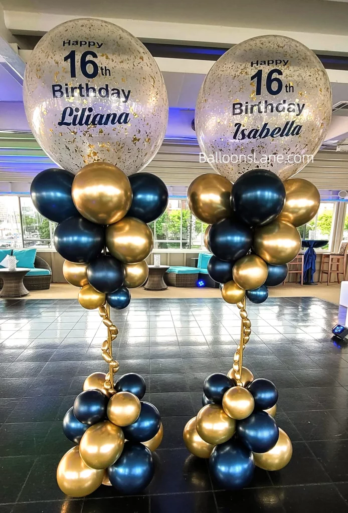 Confetti balloon adorn with blue and gold balloon arranged in column to celebrate birthday