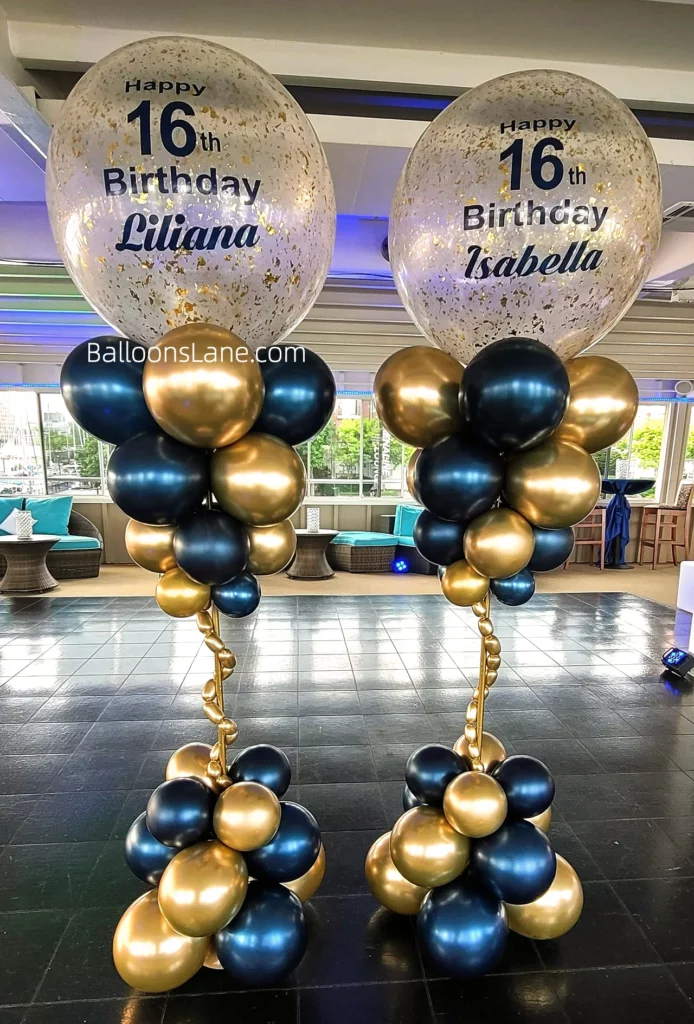 Customized 16th birthday balloon bouquet with blue and gold chrome balloons in NYC