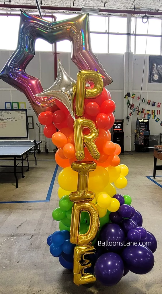 Foil star balloons accompanied by letter balloons in blue, pink, green, orange, and yellow to celebrate birthdays, graduations, and various events in Staten Island