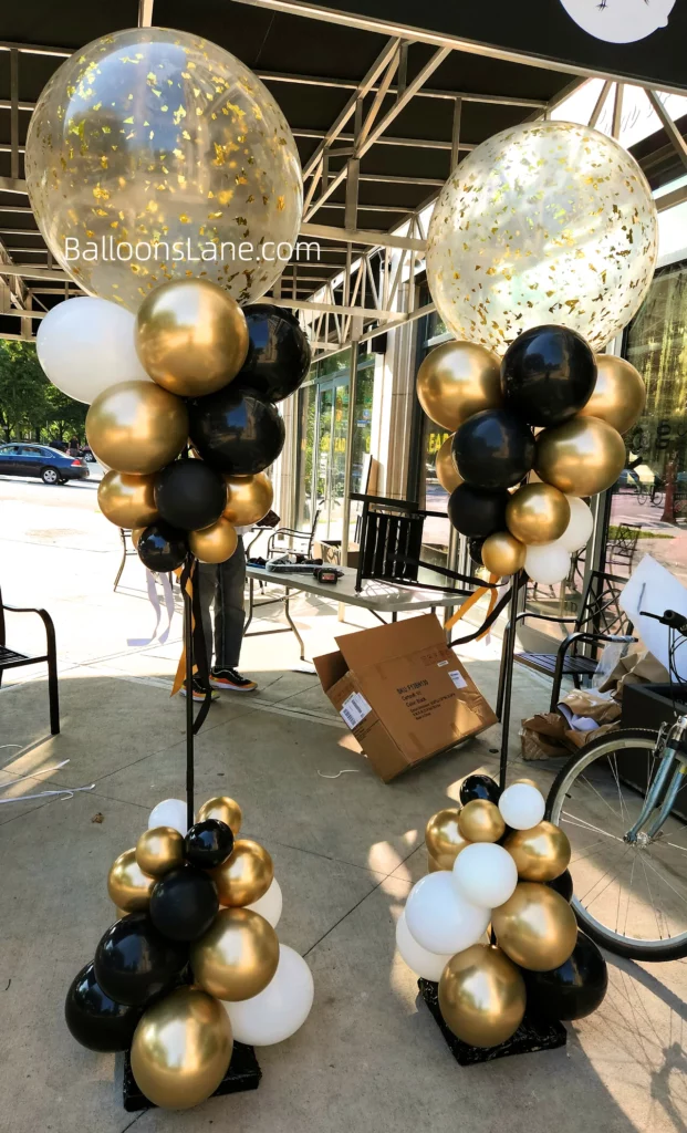 Elegant Balloon Column with Confetti Balloon, Gold, and Black Balloons for Graduation Celebration in Brooklyn