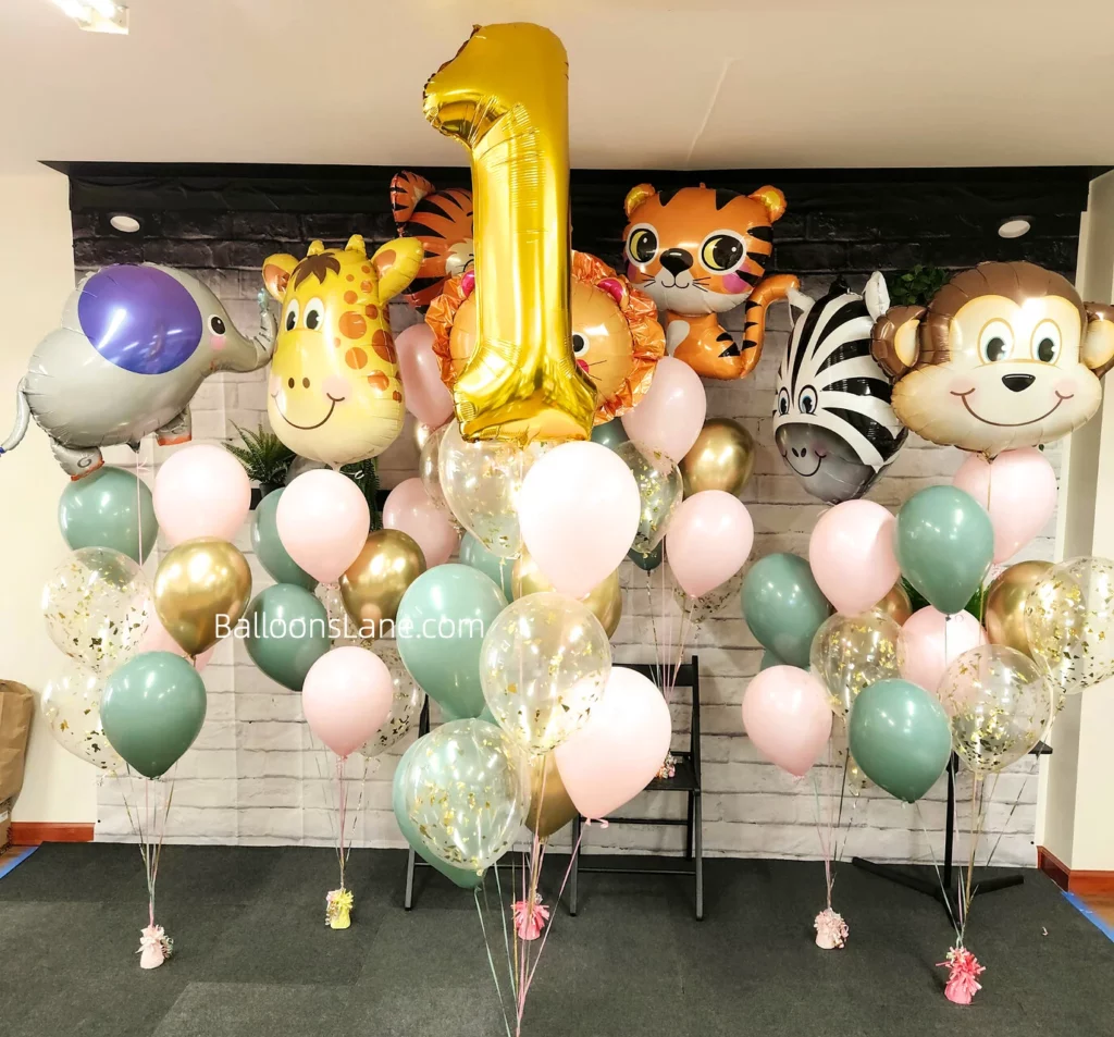Safari theme First birthday balloon bouquet with large gold number 1 balloon in NJ