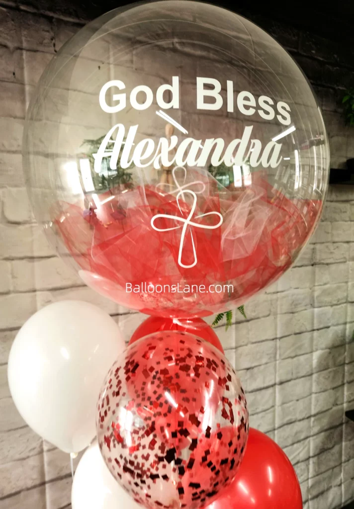 God Bless Balloon Bouquet with Feather Clear Balloon, White, Red Confetti by Balloons Lane in Manhattan