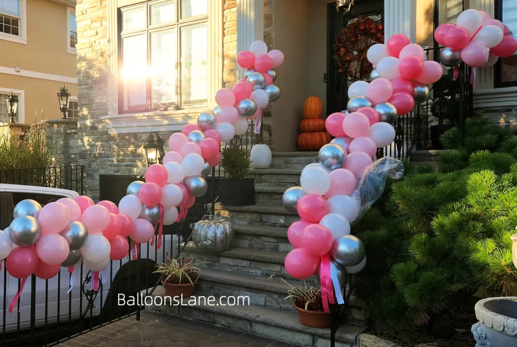 Whimsical Pink, White, and Silver Balloon Garland Adorning a Manhattan Staircase