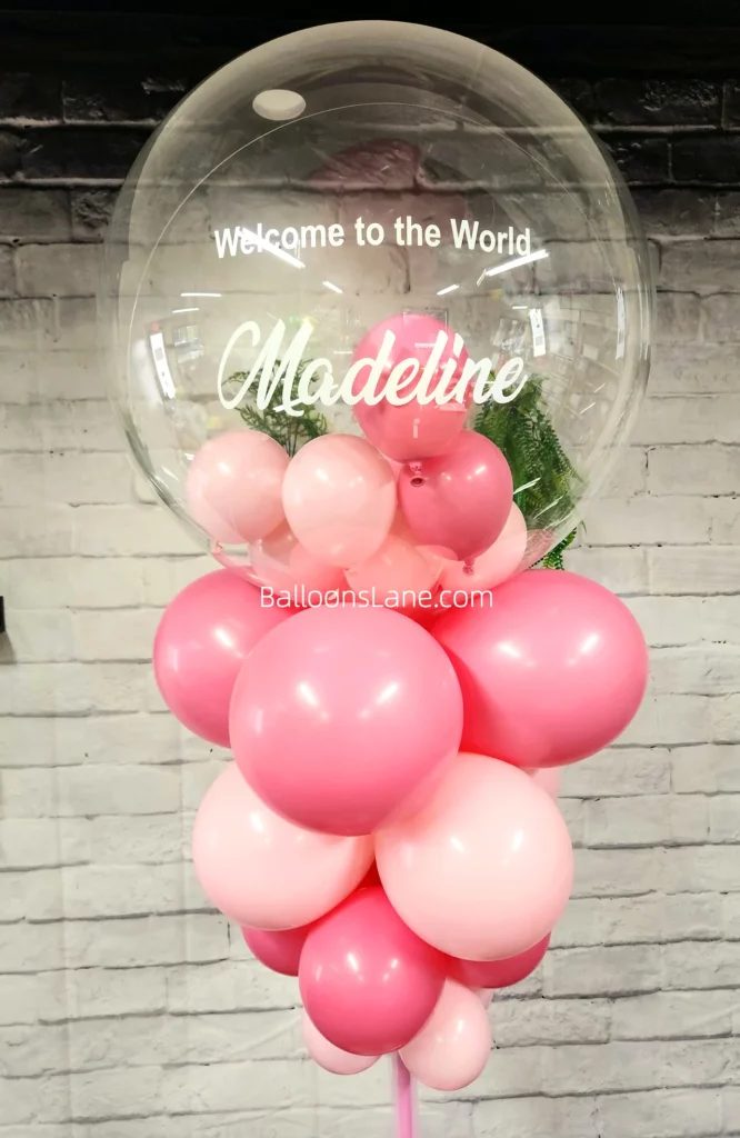 "Welcome to the world" customized balloon with pink balloon bouquet to celebrate bridal shower in Brooklyn