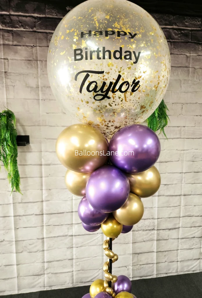 Happy Birthday Customized Gold Confetti Balloon with Gold Chrome and Purple Accents in Brooklyn