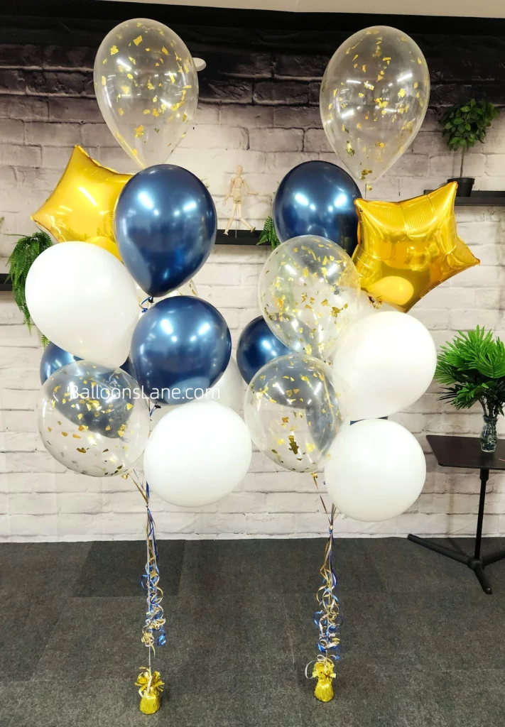 Chic Gold Star Balloon Bouquet with Gold, White, Blue, and Gold Confetti in Brooklyn