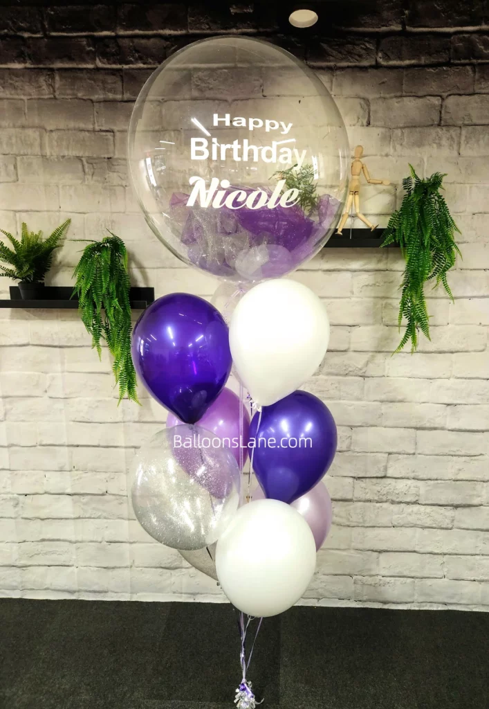 Customized Birthday Feather Balloons with Blue, White, and Purple Balloons in Brooklyn