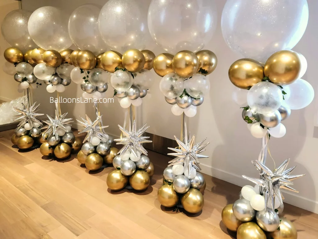 Large Bubble Balloon with Silver, Gold, and Silver Star Balloon Column in Brooklyn to Celebrate Engagement