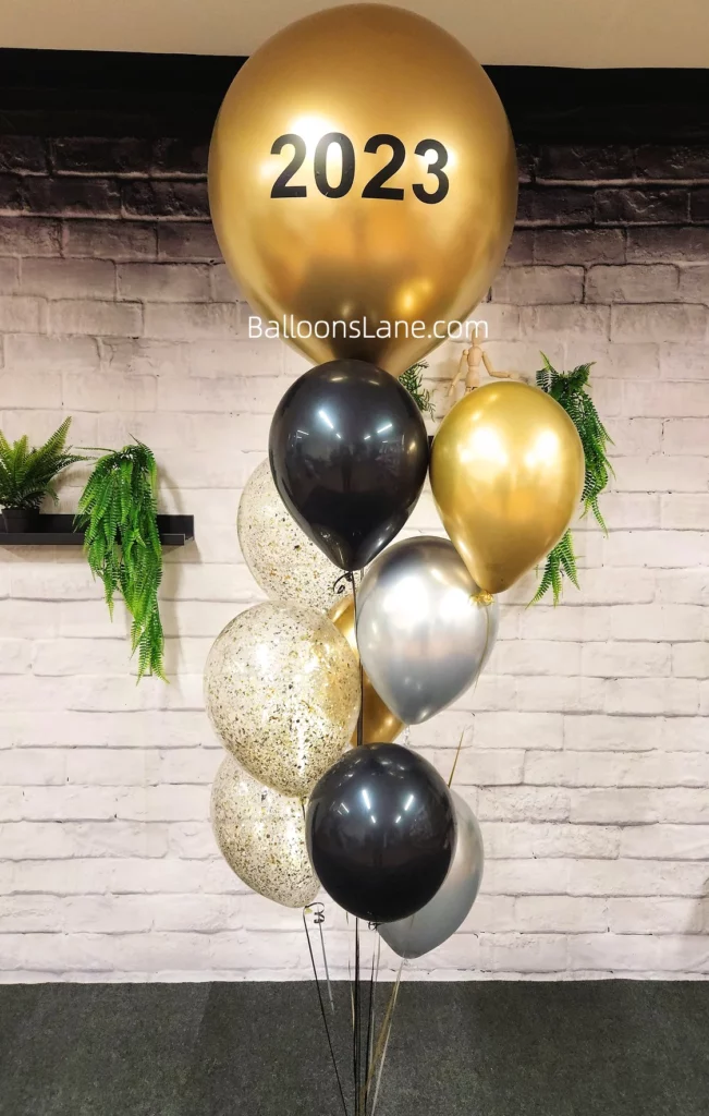 Graduation Balloons Bouquet: Black, Gold, and Confetti with Customized Chrome Gold Balloon