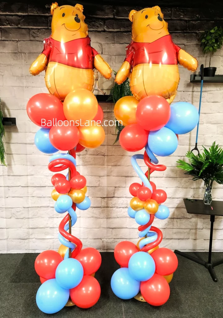 Themed Balloon Arrangement with Orange, Red, and Blue Balloons in Brooklyn, Adorned with Twisted Balloons to Celebrate Birthday