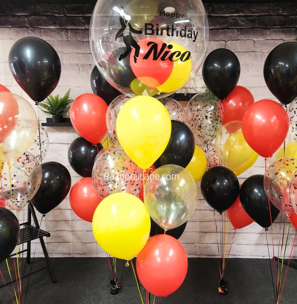 Customized Birthday Balloon Bouquet with Bubble Balloon, Yellow, Black, and Red Balloons in Staten Island, Brooklyn